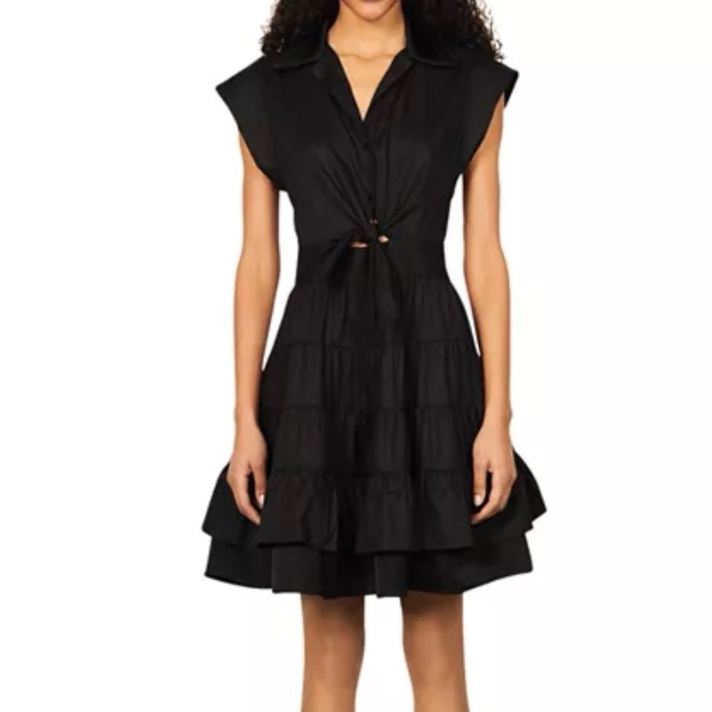SANDRO Fifi Tiered Ruffled Tie Front Cotton Mini Dress in Black